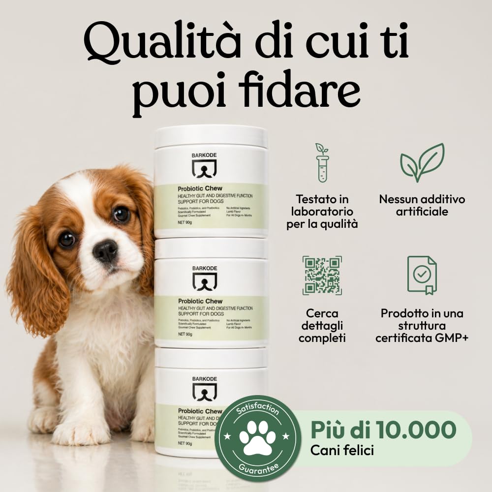 BARKODE Probiotico per Cani – Integratore Digestivo con Probiotici, Prebiotici e Postbiotici, Supporta Microbioma Intestinale e Digestione, Gusto, Senza Coloranti Artificiali, Prodotto in UE