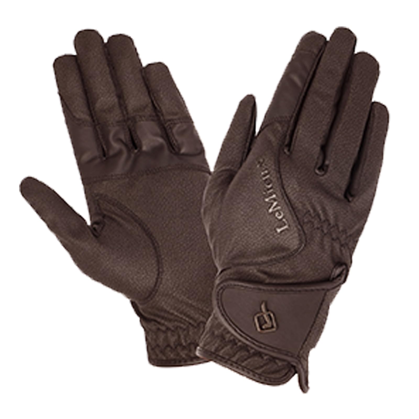 LeMieux Close Contact Glove - Breathable Fabric - Double Rein Grip - Secure Hook & Loop Fastening - Textured Branding - Brown - Medium