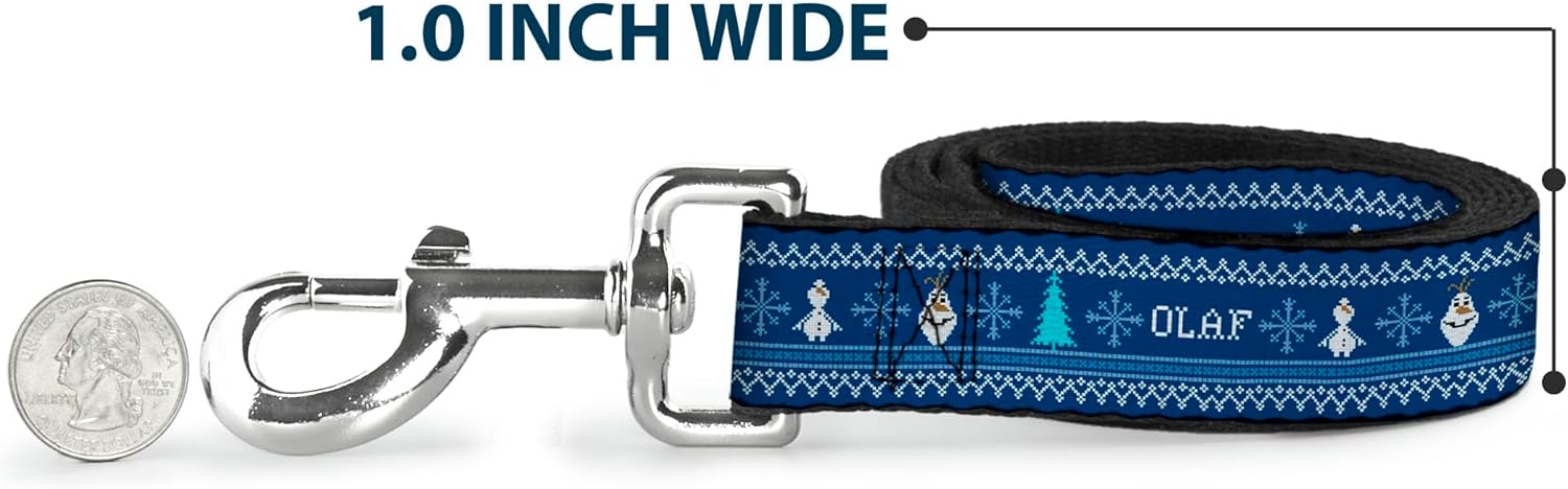 Buckle-Down Pet Leash - Olaf/Snowflakes Stitch Blues/White - 6 Feet Long - 1" Wide