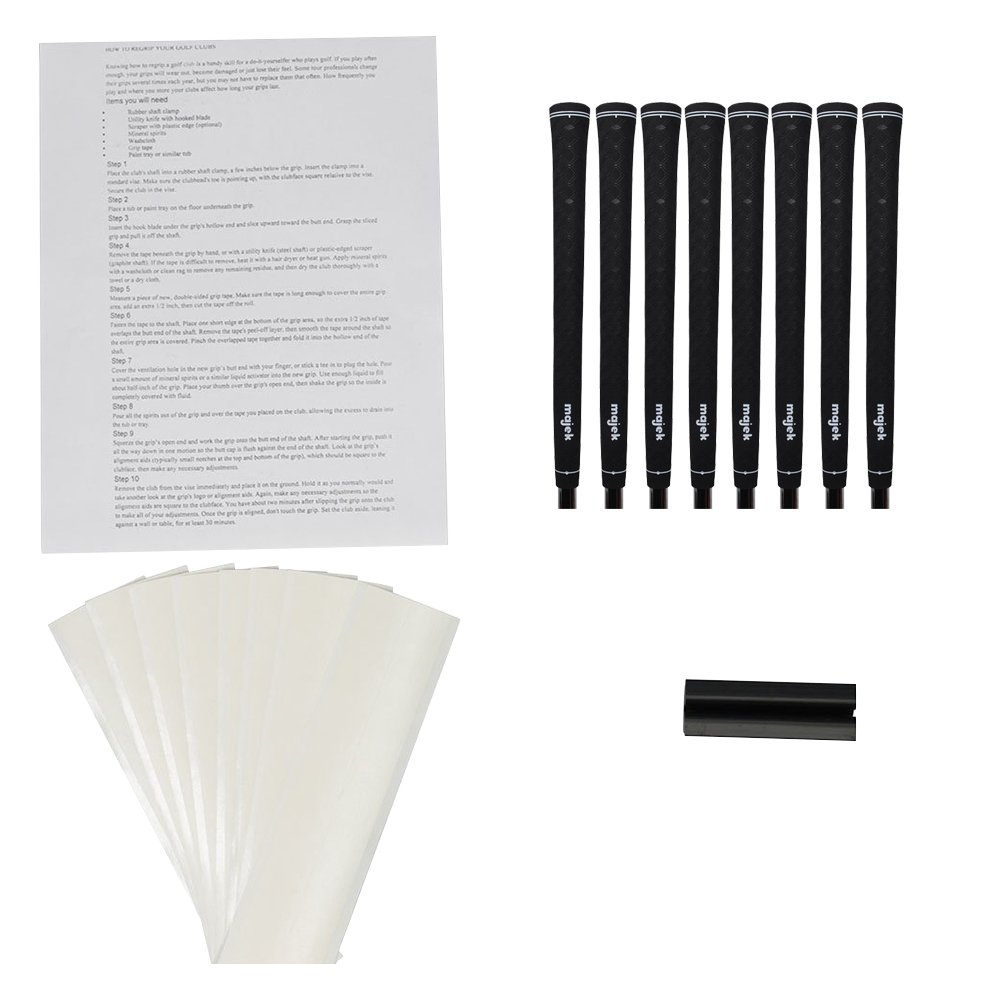 Majek Tour Pro Black Standard Size Golf Grips and Grip Kit (8 grips, grip tape, clamp, instructions)