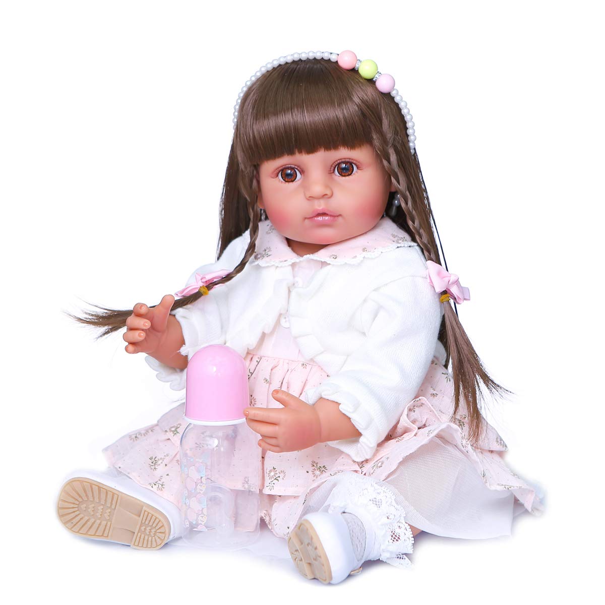 Reborn Baby Dolls Silicone Full Body African American 22 inches Realistic Black Biracial Girl Reborn Toddler Doll Long Hair with Beautiful Dress Accessories for Birthday Xmas Gifts Set