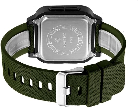 Square Men's Digital Watch Big Numbers Dial Large Face Waterproof LED Watches with Alarm Date Stopwatch, White & Green Strap