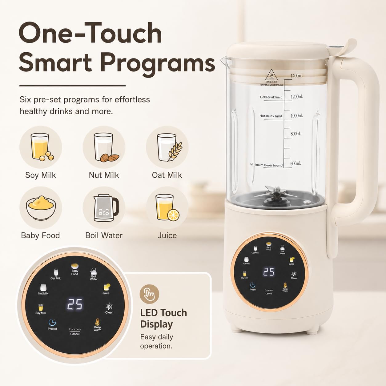 Macchina per latte di soia 1,4 l Macchina per il latte vegetale automatica con schermo tattile a LED e maniglia, base stabile, per acqua bollente, succo, latte d'avena, latte di noci, latte di soia