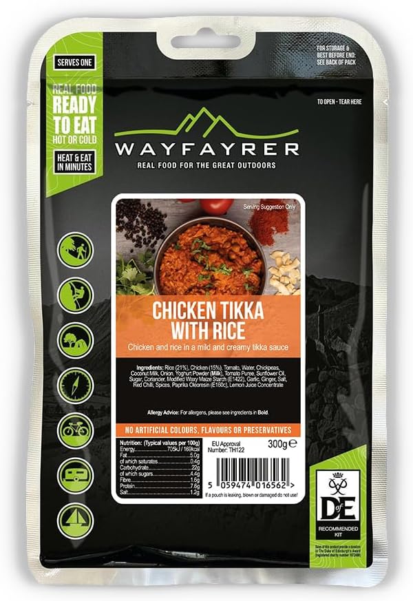 Wayfayrer Chicken Tikka & Rice 300g Ready to Eat, Hot or Cold, Meal Pouch Recommended for Duke of Edinburgh's Award Expeditions, Camping, Hiking, Fishing and Outdoor Adventures