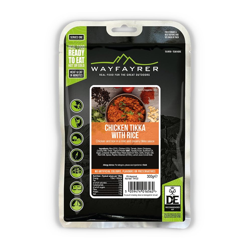 Wayfayrer Chicken Tikka with Rice 300g Ready to Eat, Hot or Cold, Meal Pouch Recommended for Duke of Edinburgh's Award Expeditions, Camping, Hiking, Fishing and Outdoor Adventures