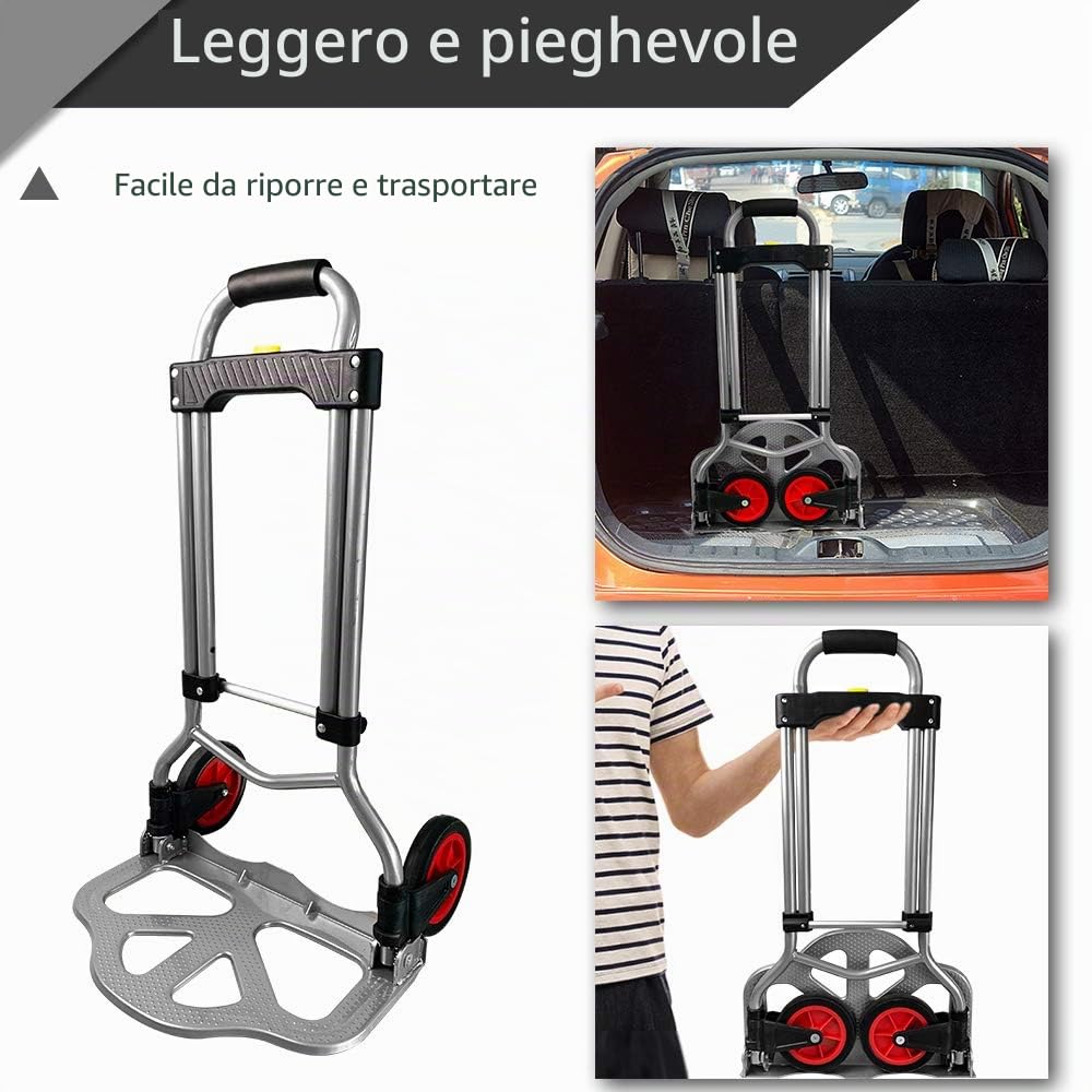 Carrello per sacchi in alluminio pieghevole, carrello da trasporto pieghevole, carrello manuale, trolley per bagagli con superficie antiscivolo, manico allungabile, capacità di carico fino a