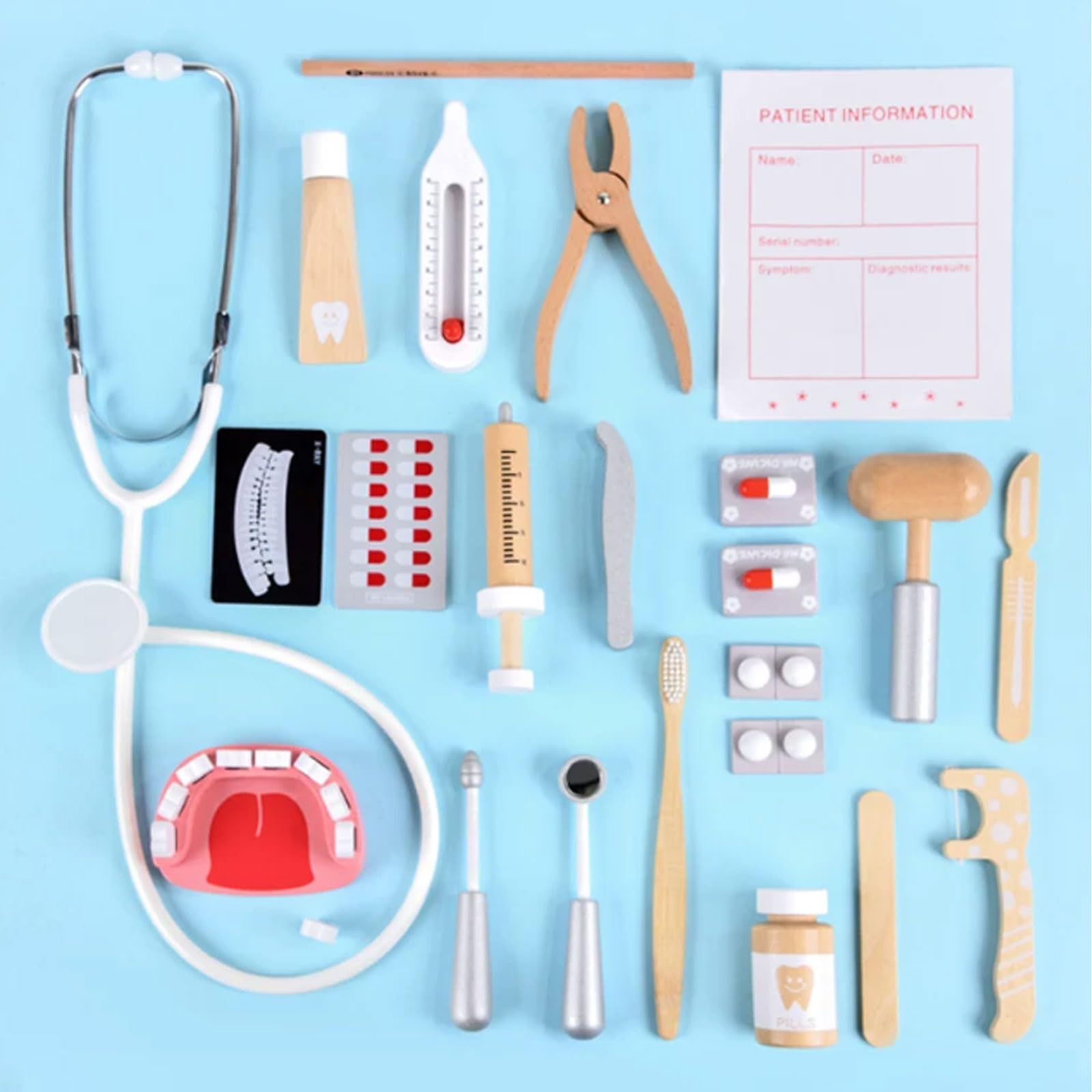 Set da Gioco di finzione Montessori in Legno per Dottore e Dentista | Kit Medico per Bambini con Stetoscopio Reale, Siringa per Iniezioni e Borsa Medicale per la Conservazione