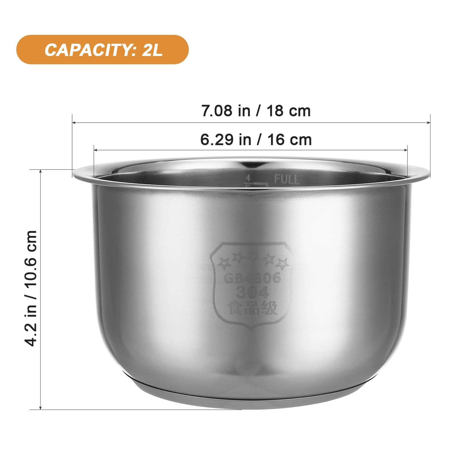Pentola Interna Cuociriso Inox 304 da 2 Litri, Ricambio Pentola per Cuoci Riso Elettrico Fondo Spesso, Adatta per Cucina e Preparazione Zuppe, Accessorio Sostitutivo Portatile