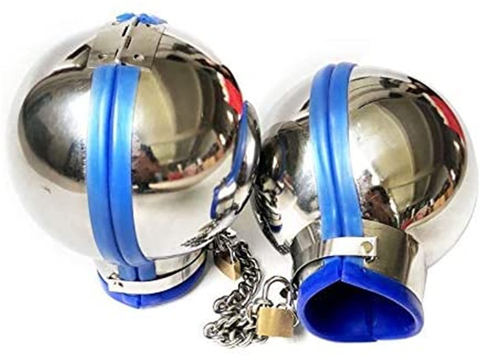 Métal Bondage BDSM Ball Casque Menottes Retenue Multi Couleurs Couverture Complète Tête Capot Poignets Restrictions Sex Toys for Hommes Femme(Blue Blau,Male)