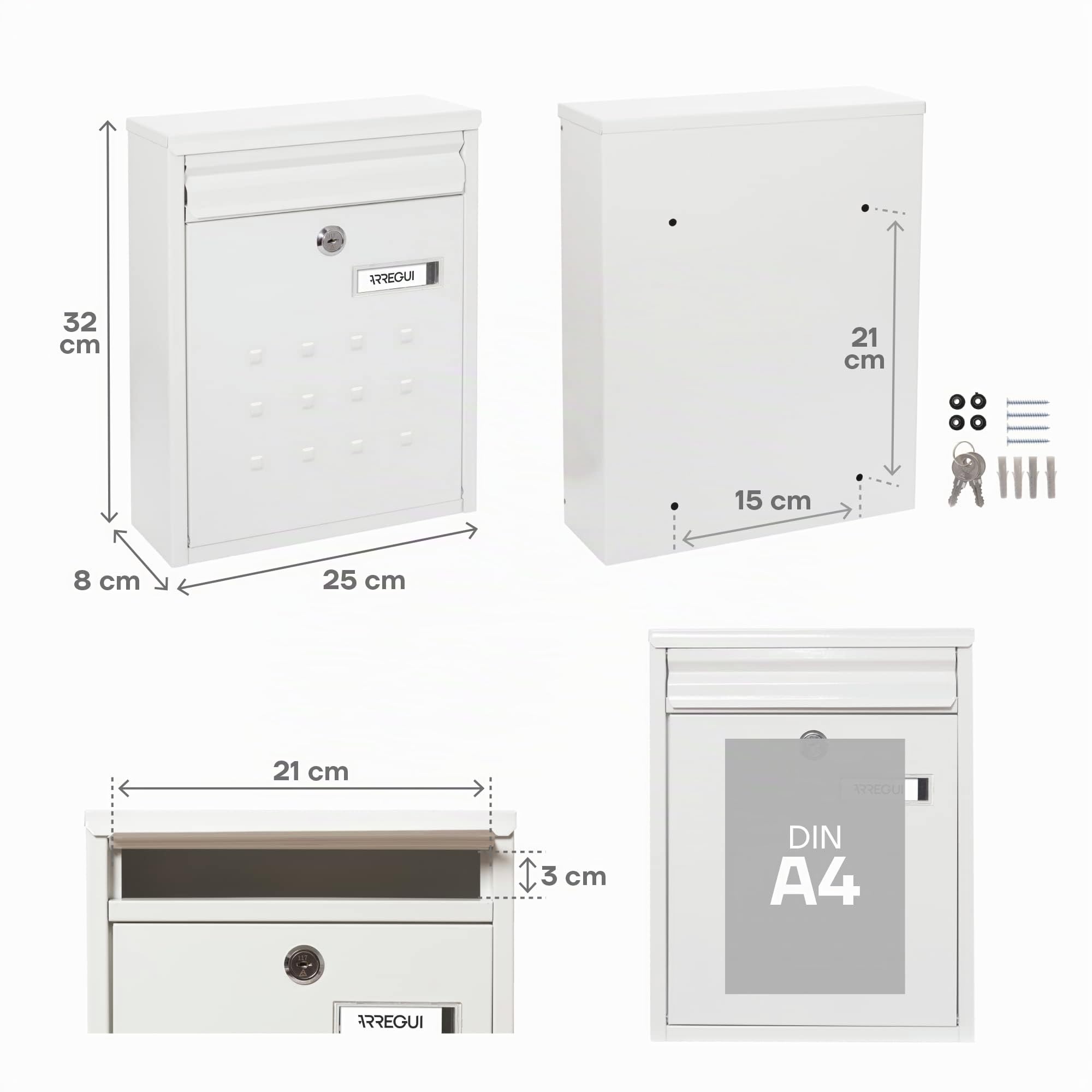 ARREGUI Dime V1321 Boîte aux Lettres Individuelle en Acier, Taille M (Courrier Format A4, Magazine), Boîte aux Lettres Murale, Regroupable, Fond Étroit, Facile à Installer, Blanc