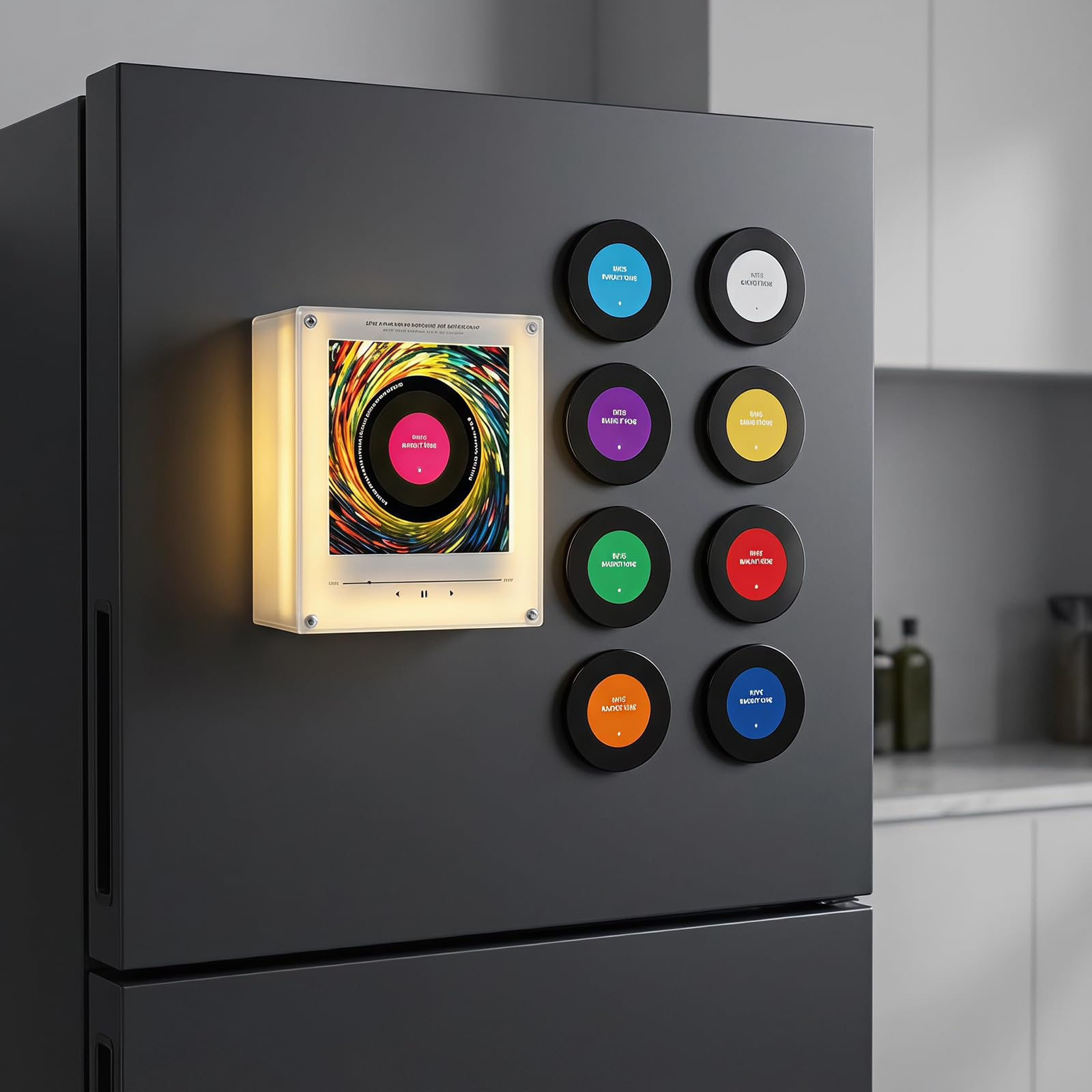 Lettore Musicale Magnetico da Frigo, Magnete per Frigorifero con Carillon, Mini Giradischi Magnetico con 9 Dischi, Jukebox Magnetico con Rotazione Ed Effetti Luminosi, 2