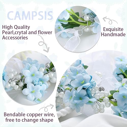 Miniatura 6 de Campsis Diadema de flores para niñas, accesorios para el cabello de comunión de perlas para niñas, de cristal, fotografía de cumpleaños, banda para