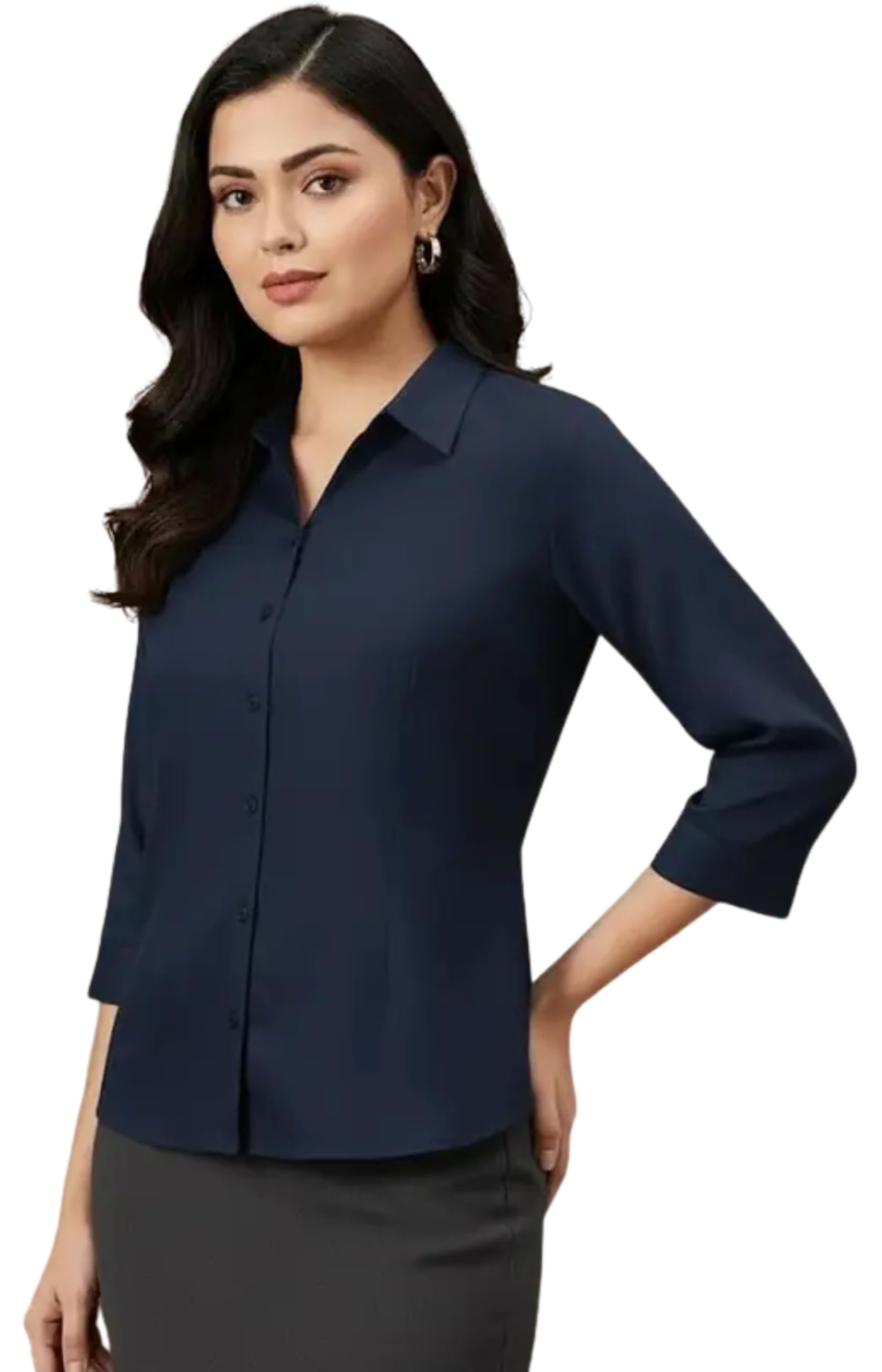 Women's Viscose Rayon Button Down 3/4 Sleeves Collar Neck Plain Formal Shirt-picture-10