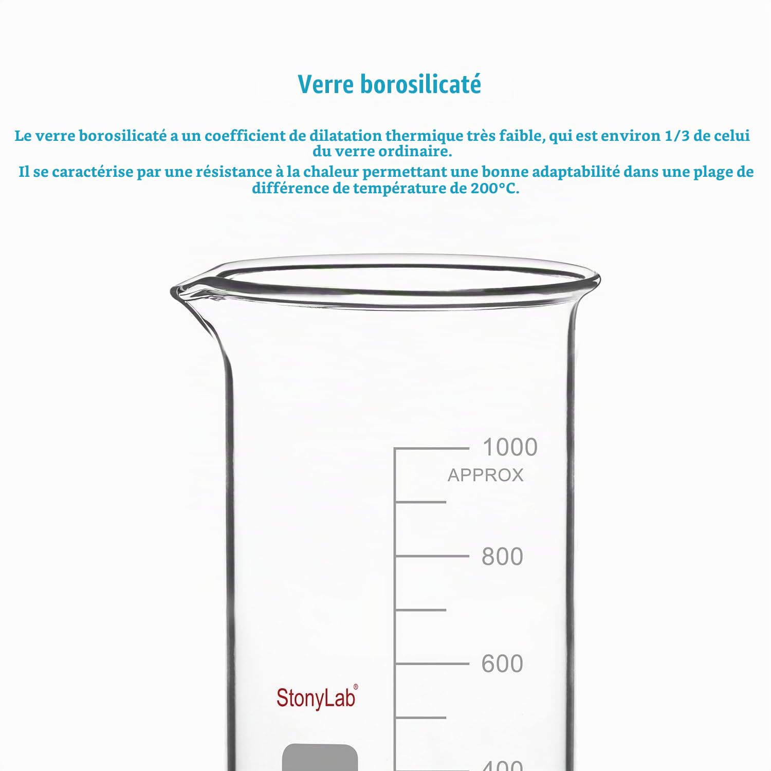 stonylab Bécher en Verre, Lot de 1, Verre Borosilicaté Gradué, Bécher de Laboratoire à Bec Verseur, 1000 ml