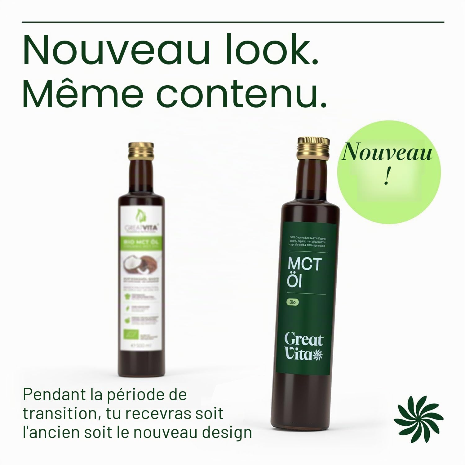 GreatVita Bio MCT Huile à base d'huile de coco - 2 x 500 ml - 60% d'acide caprylique (C8) et 40% d'acides gras (C10) - 100% pure MCT Oil neutre au goût - Sans sucre, sans OGM