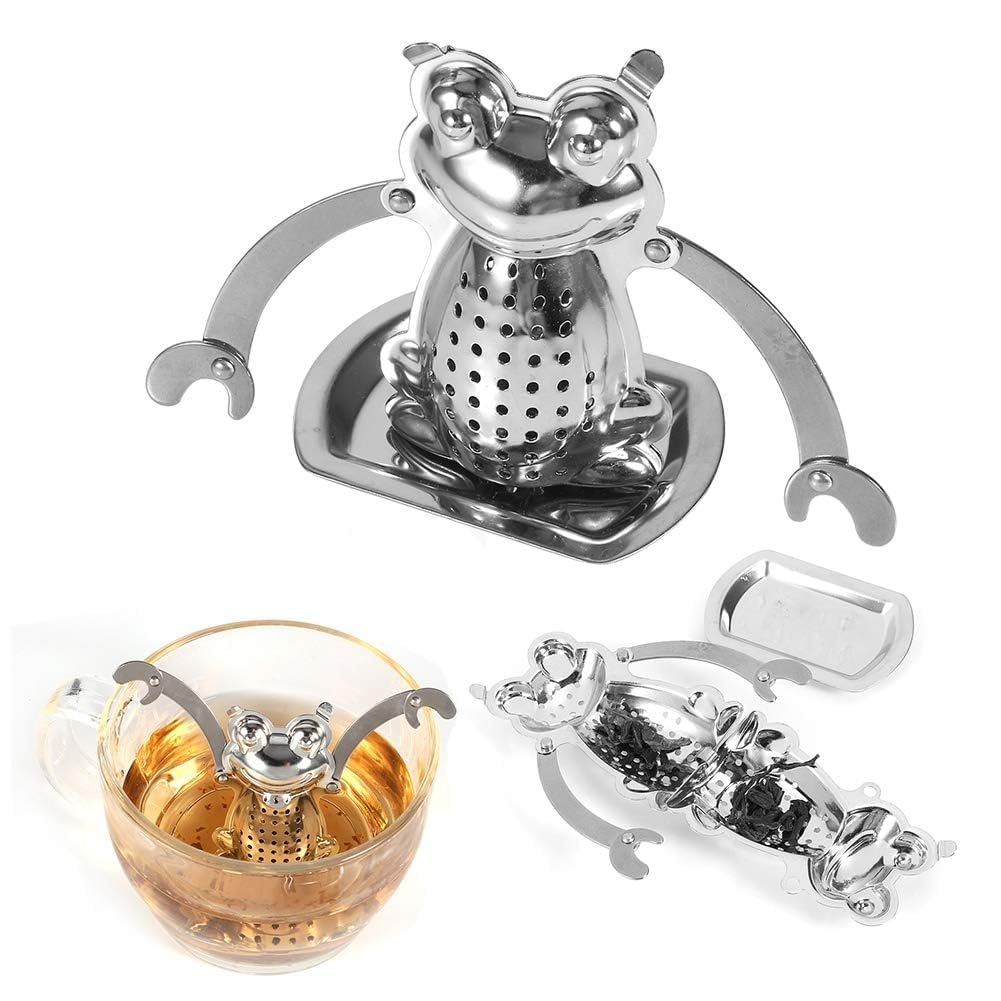 Herchr Silver Tea Strainers For Loose Tea, Loose Leaf Tea Infuser Stainless Steel Frog Shape Tea Filter Diffuser With Tray And Handles For Mugs, Teapots, Cups