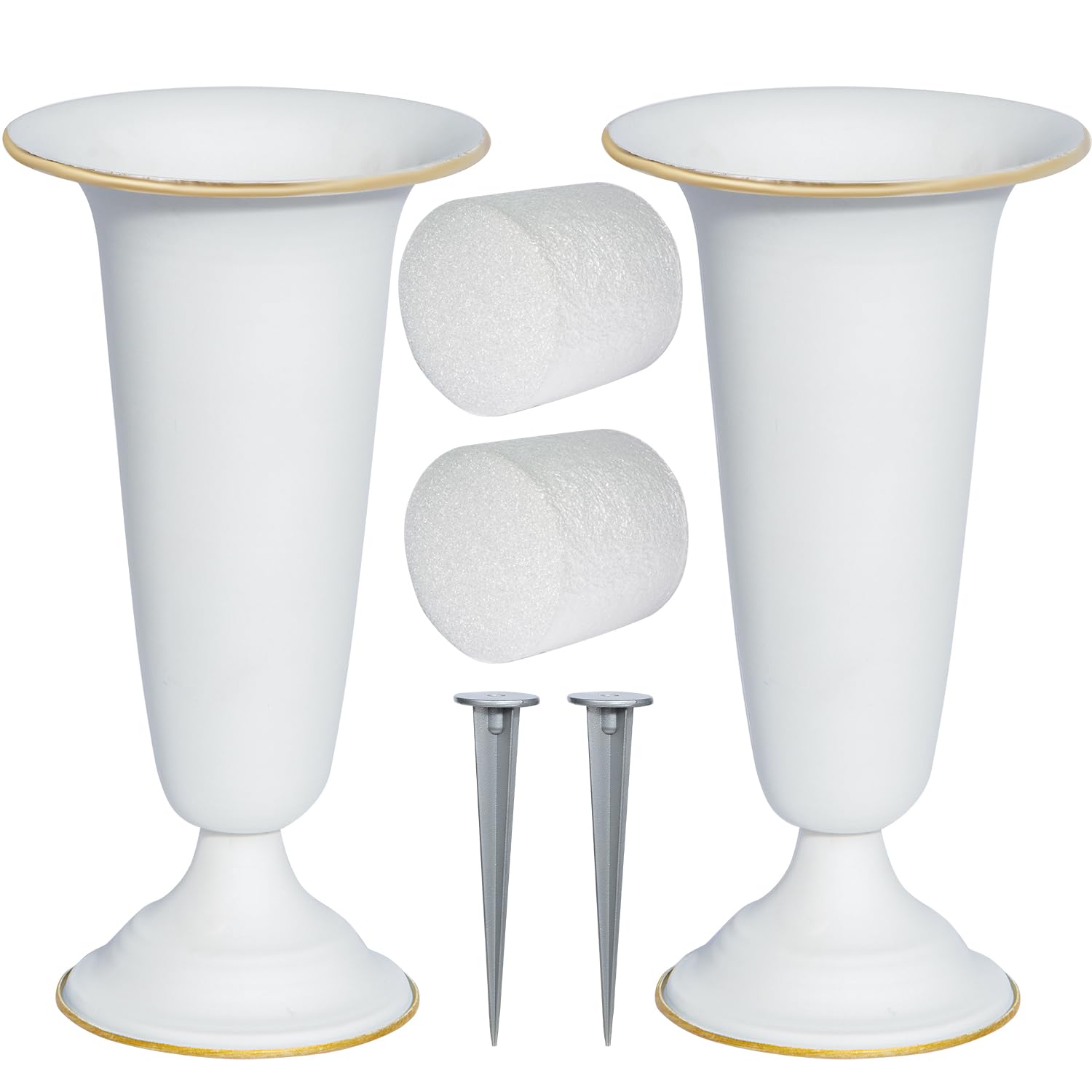 Metal Cemetery Vase, Flower Vases with Metal Base and Stakes for Home Tabletop, Cemetery Flowers, Memorial Grave Decorations (White, 2Pcs)