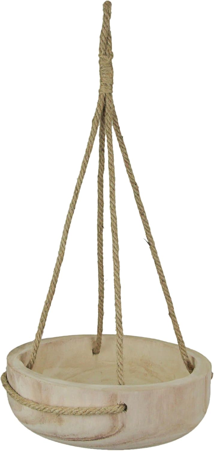 Audrey's 12 Inch Rope Hanging Wooden Bowl Planter Indoor Outdoor Succulent Pot Home Decor