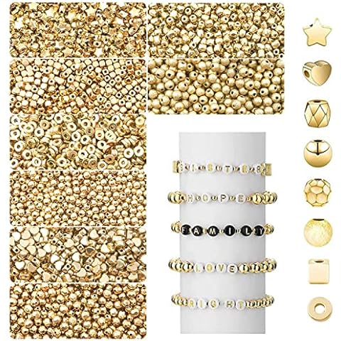 RED FOREST E-COMMERCE CO., LTD 800 Pcs Beads Making Kit 8 Kinds Gold Loose Spacer Ball Heart Star Flat Small with Hole for DIY Crafts Bracelets Necklaces and Jewelry Making, Gold,Red Cover