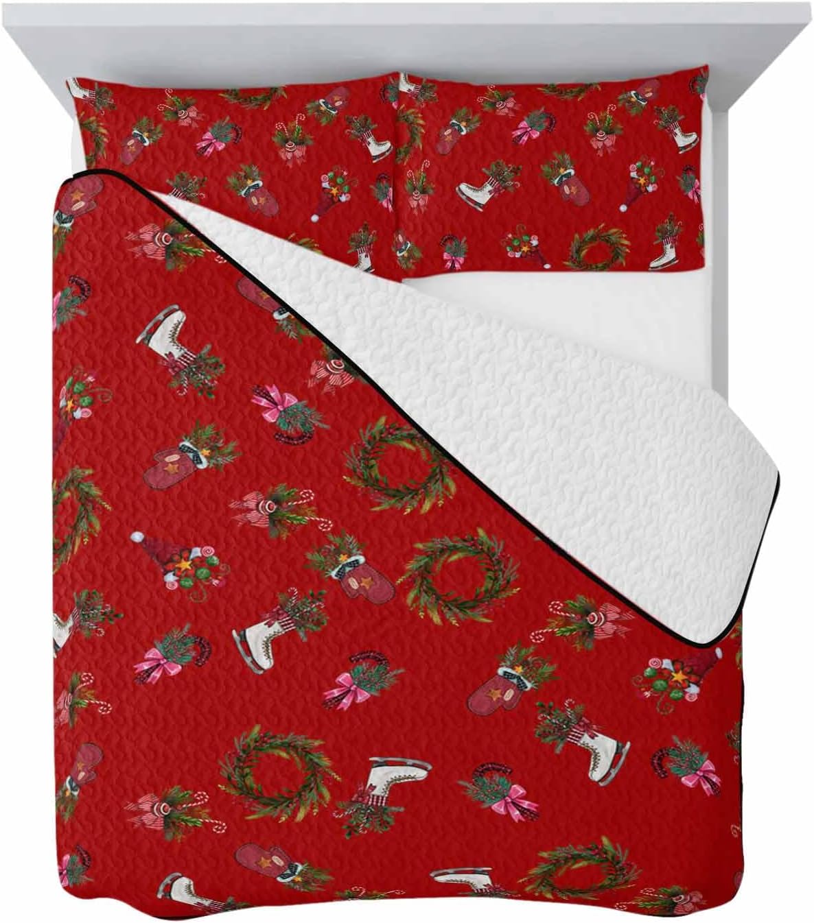 Queen Size Quilt Set,Xmas Skates Christmas Gloves Holly