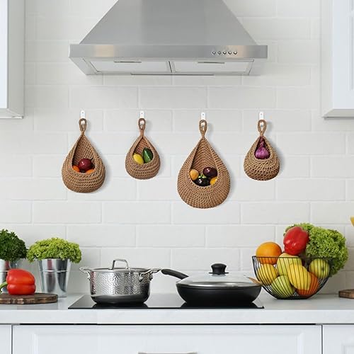 Miniatura 6 de Paquete de 4 cestas colgantes de frutas para cocina, cesta bohemia para colgar en la pared con 8 ganchos fuertes, cesta colgante 100% tejida a mano