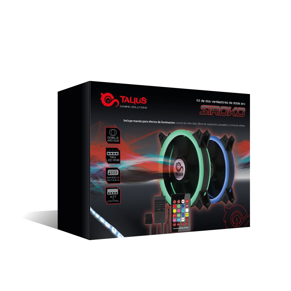 Talius Siroko - Kit de 2 Ventiladores Ring 12 cm RGB, Tira LED y centralita con Mando