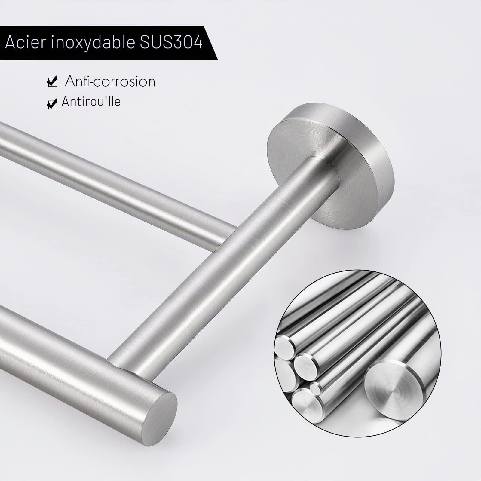 KES Double Porte-Serviettes en Acier Inoxydable Porte-Serviettes de Salle de Bain Cintre Mural Double Rail de Douche Rond Style Moderne Finition Brossée 75CM, A2001S75-2