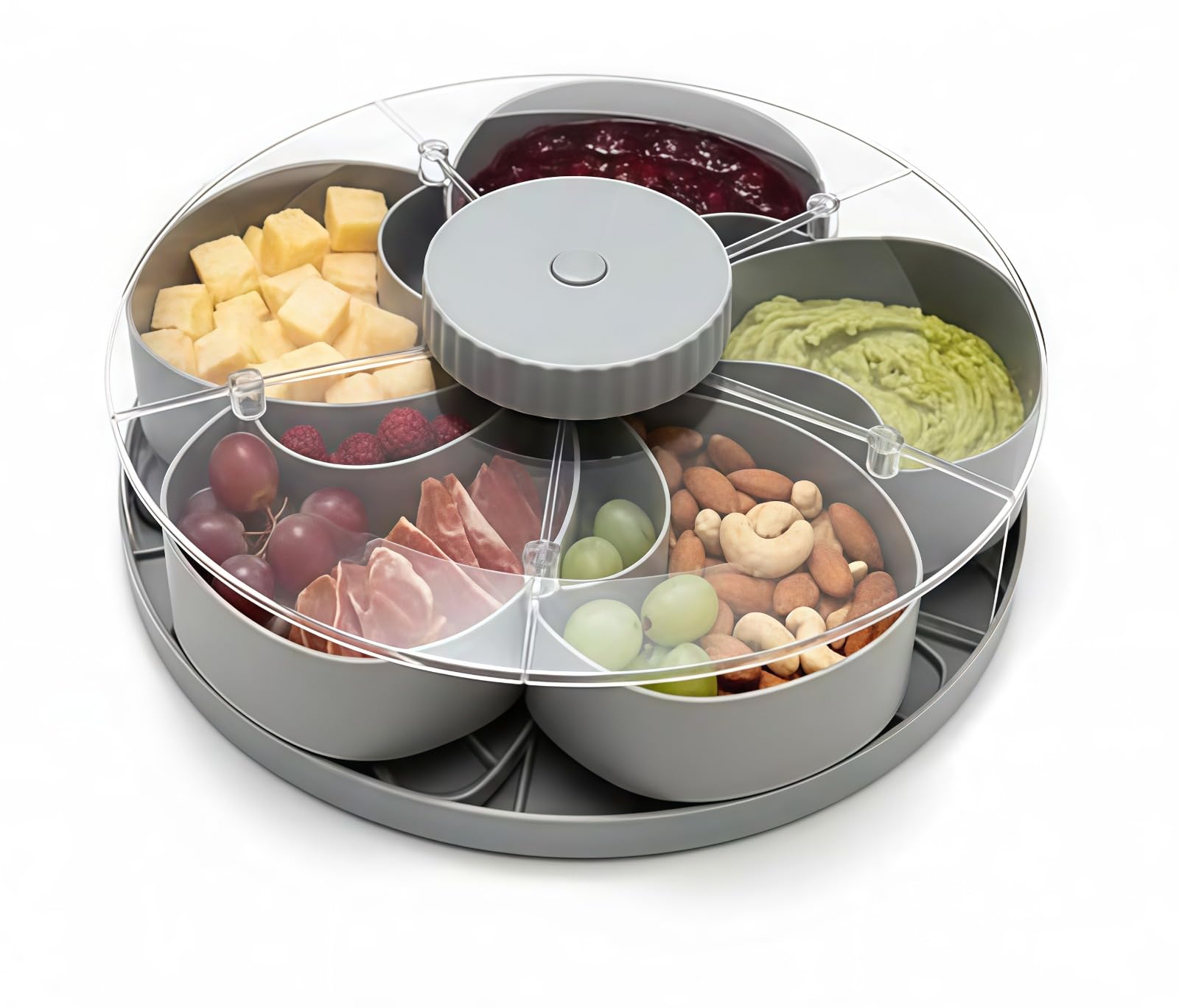 Divided Spin & Snack Serving Tray,5 Compartment Rotating Party Platter, Rotating Snack Box Container with Lid,Covered Snack Storage for Chips Nuts Dips Veggies,for Kitchen,Travel and Picnic