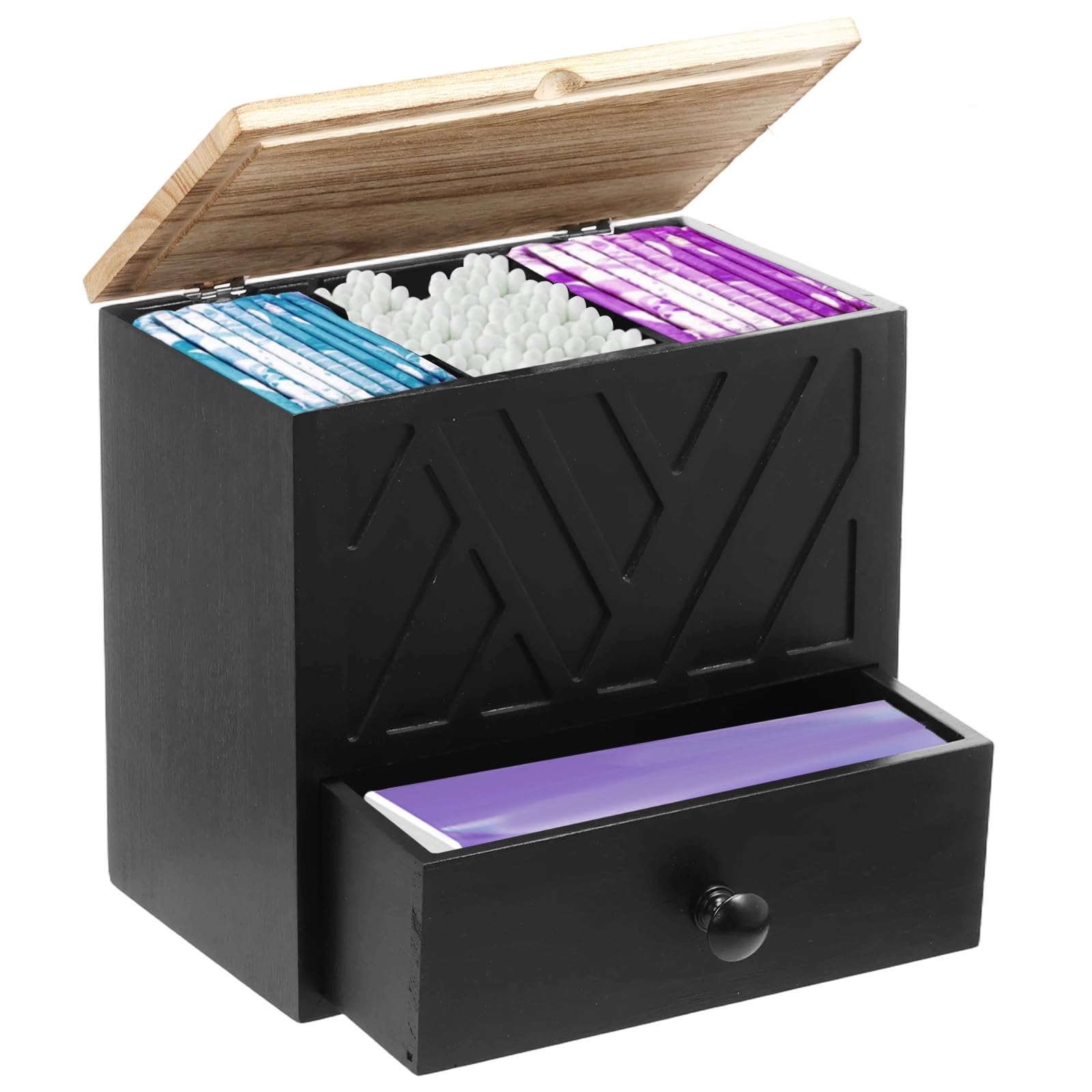 Shaojian Girls Black Discreet Tampon Holder For Bathroom Decor, Feminine Product Organizer With Lid And Drawer, Wooden Hygiene Storage Box Sanitary Pad & Cotton Swab Storage For Privacy Protection & Space Saving(Black)