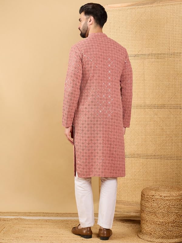 Image of Men's Solid Embroidered Long Straight Kurta | Men's Kurta | Embroidered Chikankari Kurta for Men | Straight Fit Kurta for Men