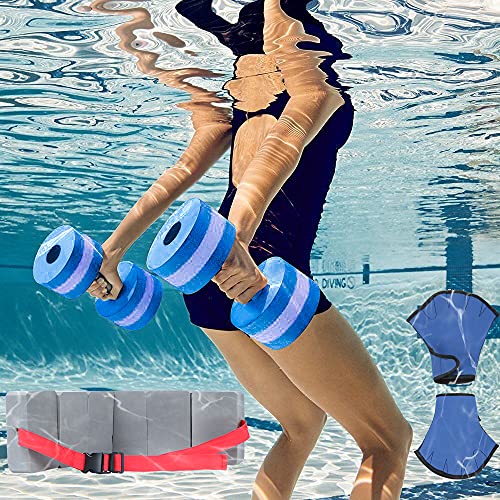 UNAOIWN 5 Piece Aquatic Fitness Set for Water Aerobics, Pool Exercise Equipment Foam Water Dumbbell, Aquatic Swim Belt,Resistance Gloves,Barbells,Water Workout Fitness Tool