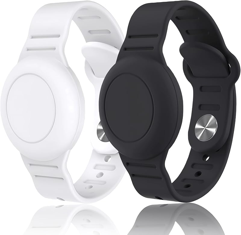 Pulseira Infantil de Silicone para Apple AirTag com Capa Protetora e Tamanho Ajustável, Preta e Branca