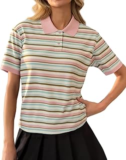 Women Y2K Striped Colorblock Button Up Polo T-Shirt Short Sleeve Loose Fit Preppy Aesthetic Tee Tops Summer Outfits