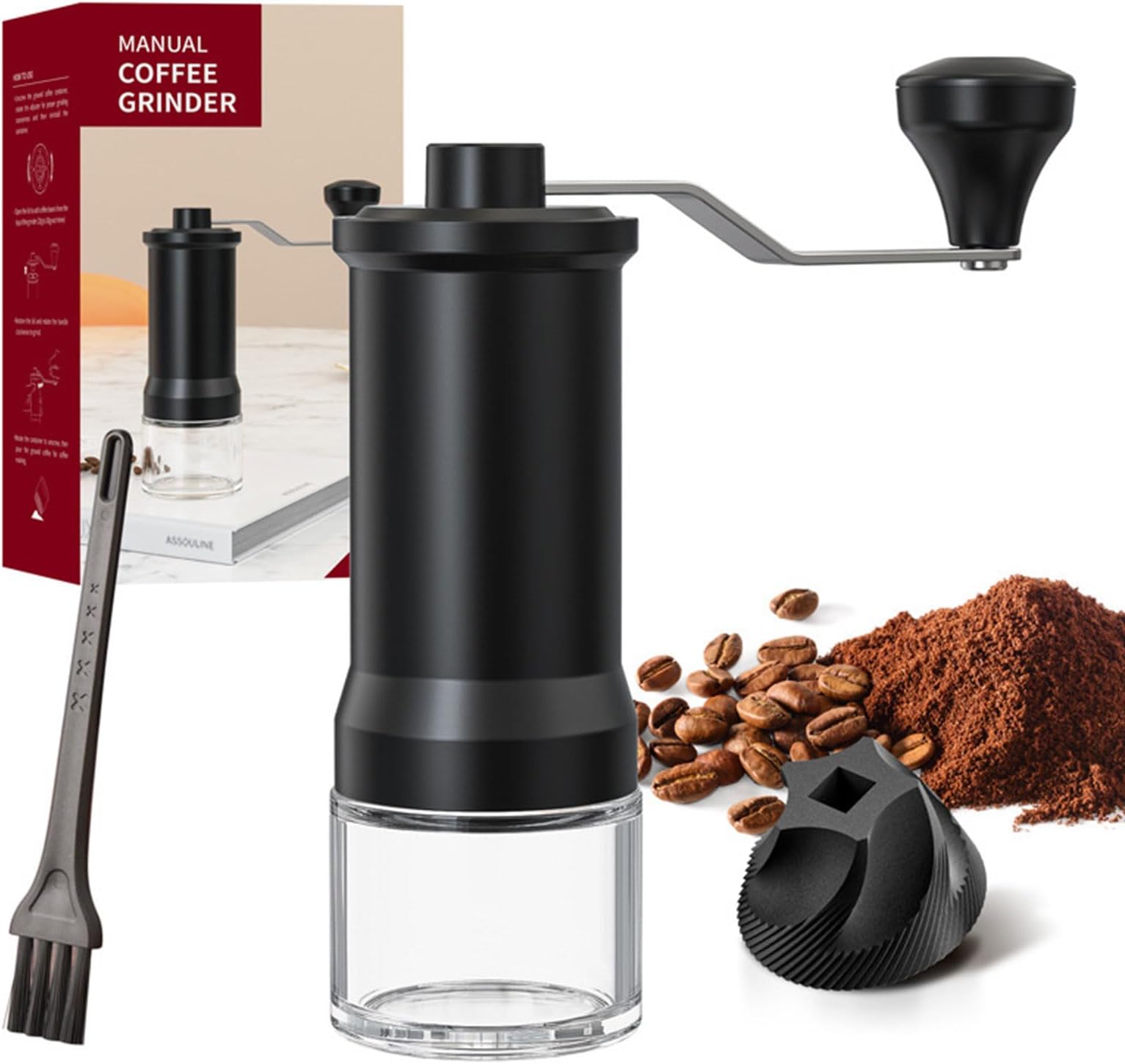 Manual Coffee Grinder,Portable Coffee Grinder with Conical Ceramic Burr,Double Bearing Positioning, Capacity 25g,Visible Powder Glass Bin,Hand Coffee Grinder for Espresso,Travel,Camping,Office