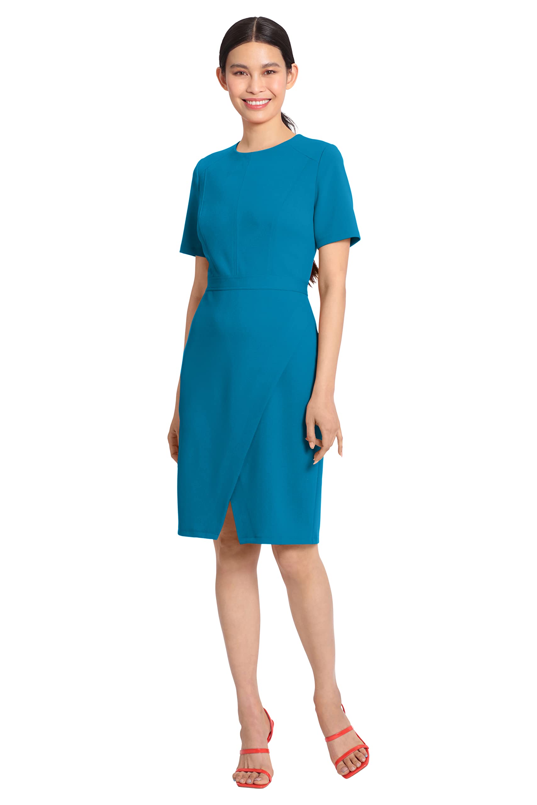 Maggy London Womens Sophisticated Crew Neck Sheath with Overlap Notch Hem Detail Career Workwear Desk to Dinner