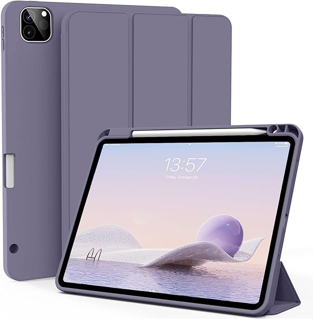 ZOYU Case for iPad Pro 12.9 Inch 6th/5th/4th Generation (2022/2021/2020), Slim Trifold Smart Cover with Pencil Holder, Soft TPU Back Case [Support 2nd Gen Pencil Charging], Auto Sleep/Wake, Purple