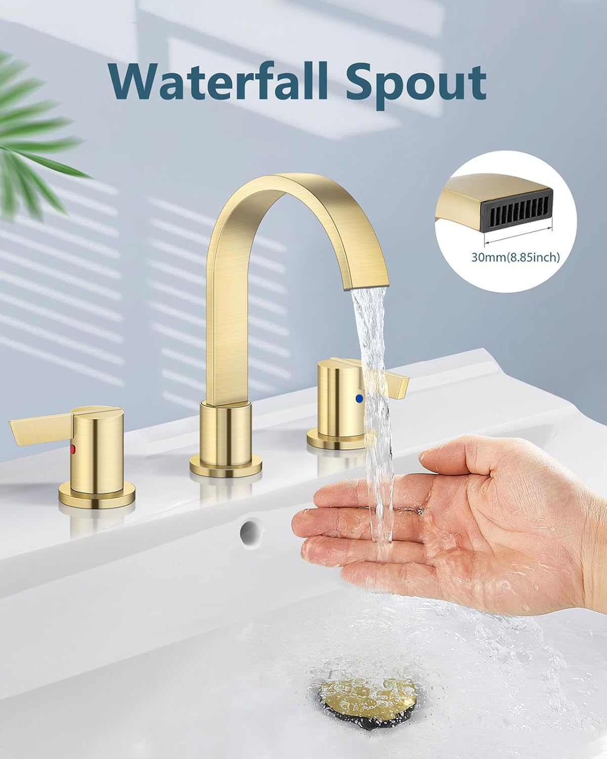 Aolemi Bathroom Faucets 3 Hole,8 Inch Widespread Waterfall Bathroom Sink Faucet,2 Handles Vanity Faucet with Pop-up Drain and Supply Hose,Brushed Gold