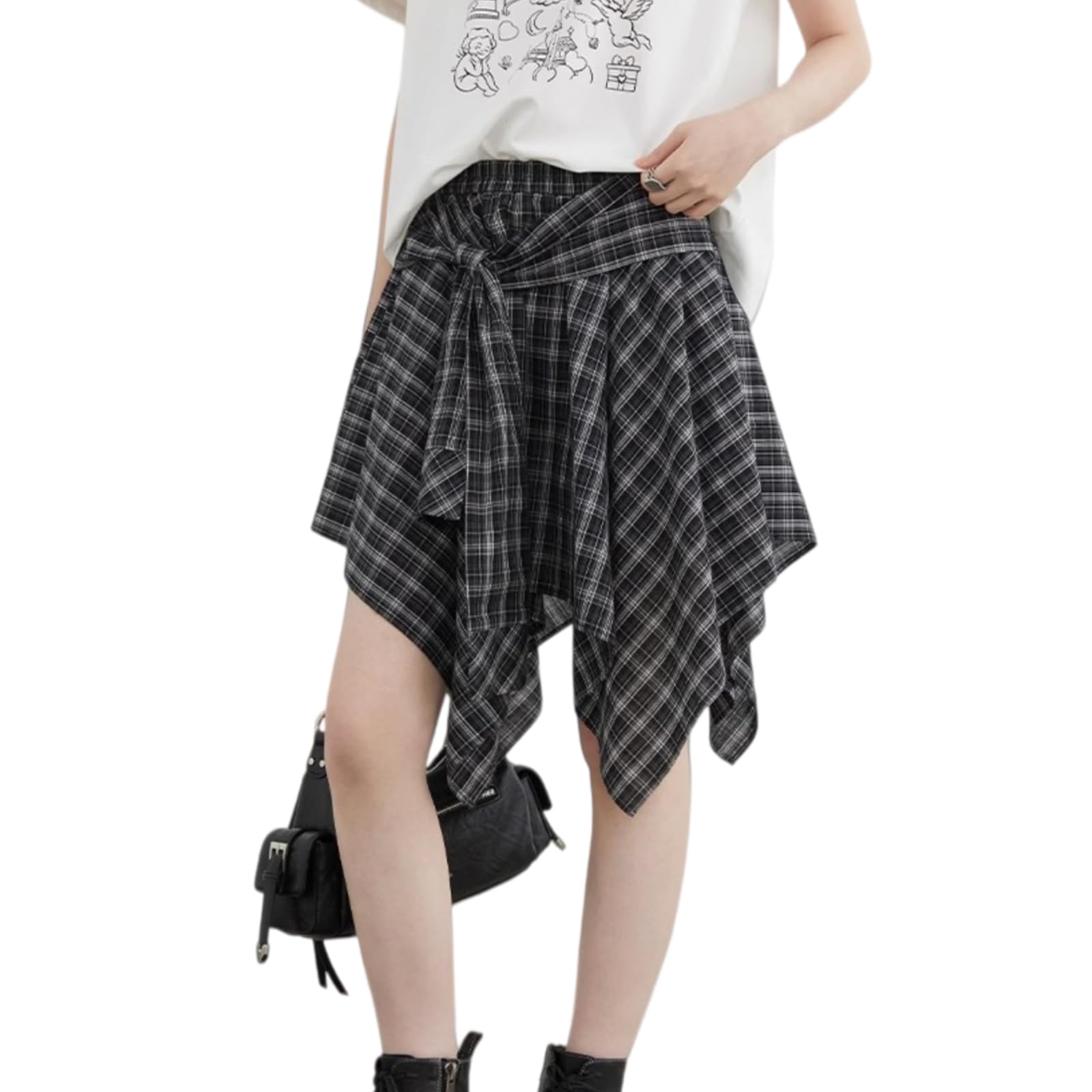 Minigonna Donna Alta Vita Plaid Asimmetrica Corsa Cravatta Frontale A-Line Mini Gonna, Elastico Corsa-HH-l