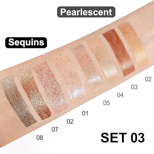 Miniatura 5 de evpct Juego de 8 sombras de ojos líquidas con brillantina, blanco perla, plata, luz oscura, rosa, desierto, moca, beige, marrón, dorado, brillante,