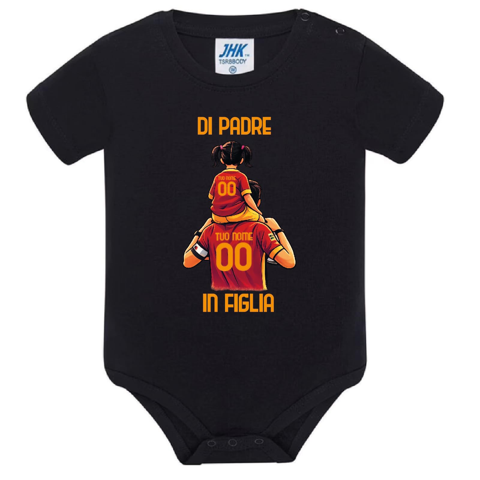 D&Vlab Body Tutina Bodino Neonato Bimba Bambini Divertenti DI PADRE IN FIGLIA Personalizzato con Nome in 100% Cotone per Papà Tifosi Calcio Squadre Ultras Roma Giallo Rossi