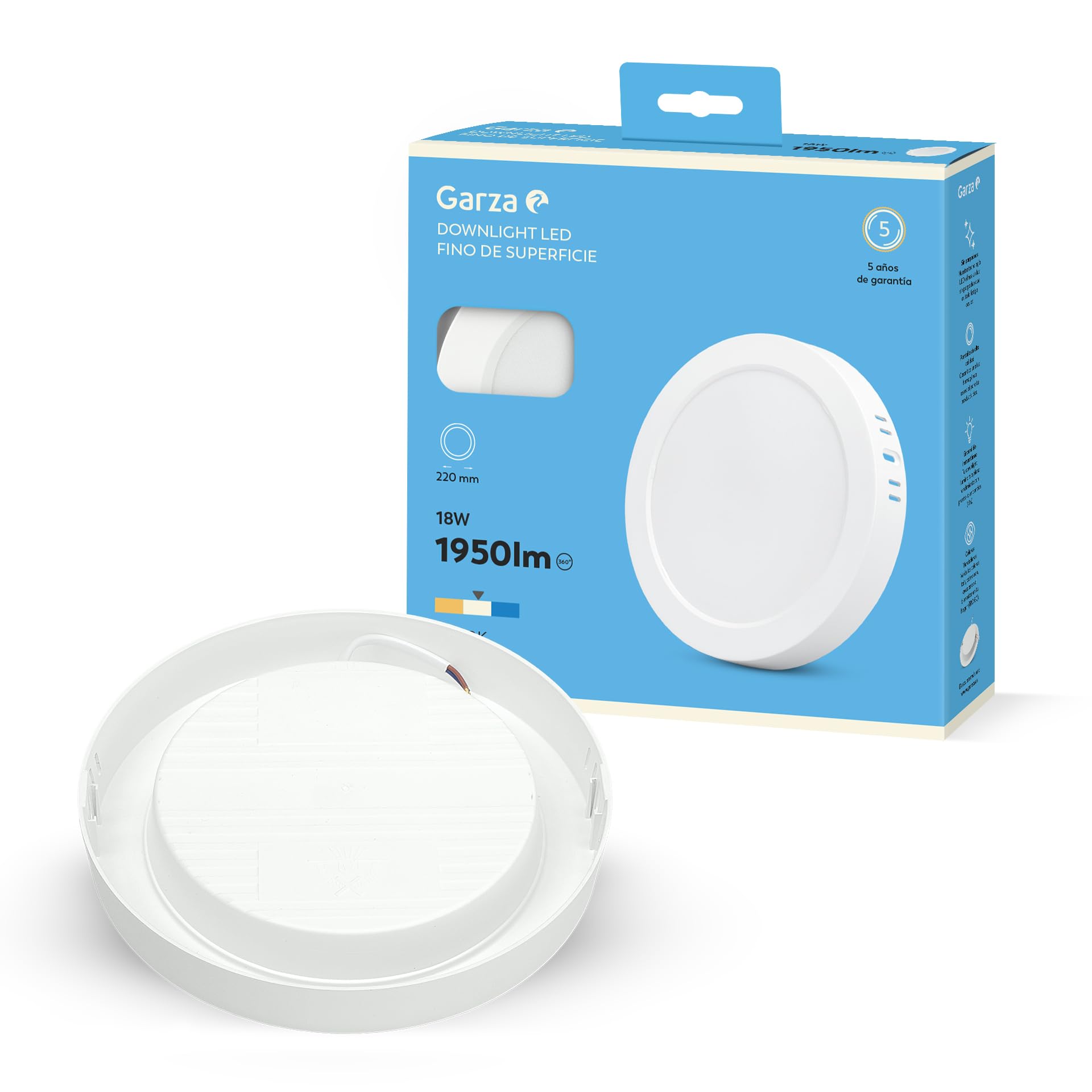 Garza - Downlight LED Surface, Circular, Ceiling Light, 22 cm, 18W, 4000K Neutral Light, 1950lm, 30,000h, IP20, White, Energy Saving 80%