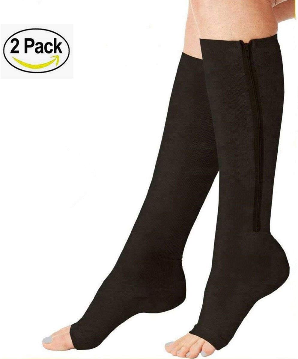 Zipper Compression Socks Toe Open for Varicose Veins and Edema, Unisex Zipper Design Easy to Wear (2 Pack) (Black, S/M)