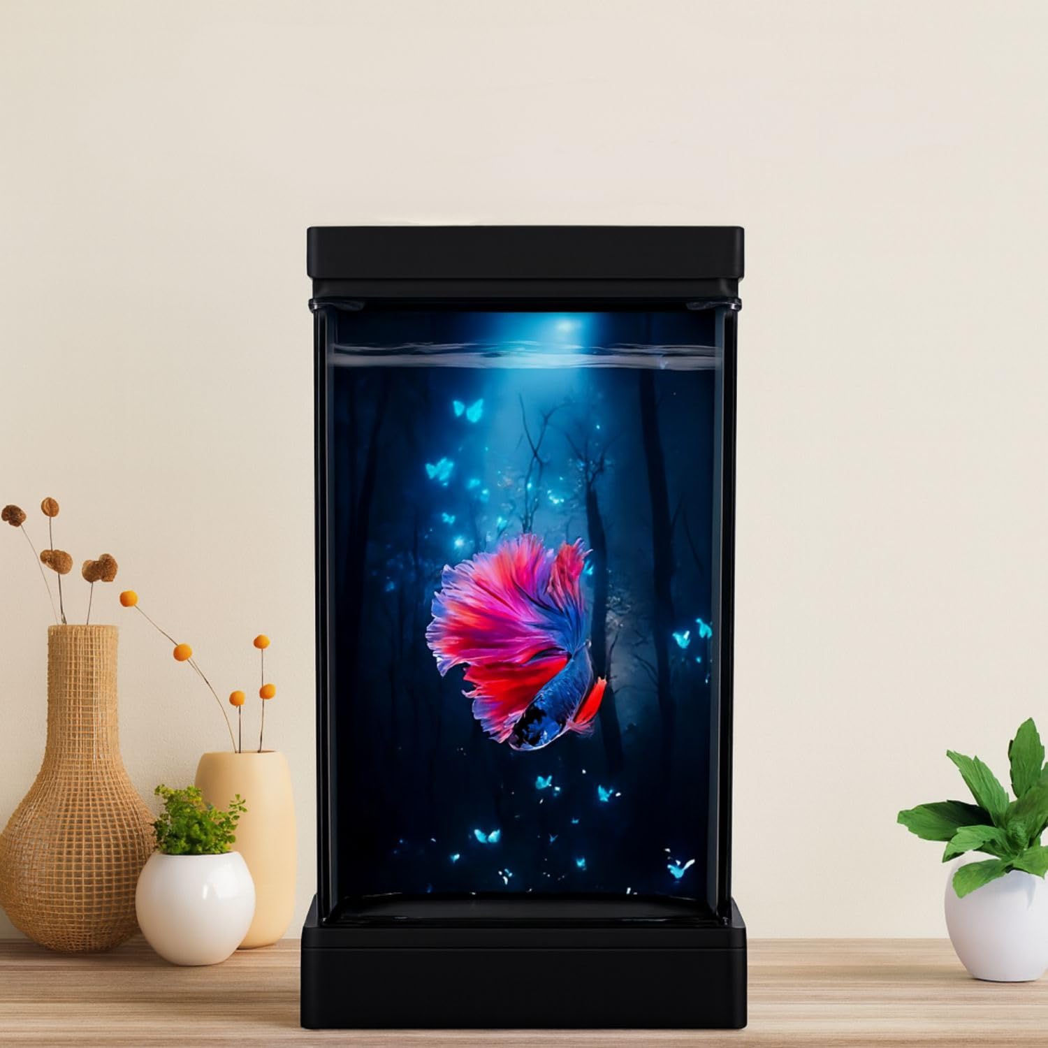 VAYINATO® Transparent Narrow Acyrlic Betta Fish Tank (Black) with Multi Color Changing USB LED Light | Easy to Clean and Maintain | Mini Portable Fish Tank (1 Liter Capacity)