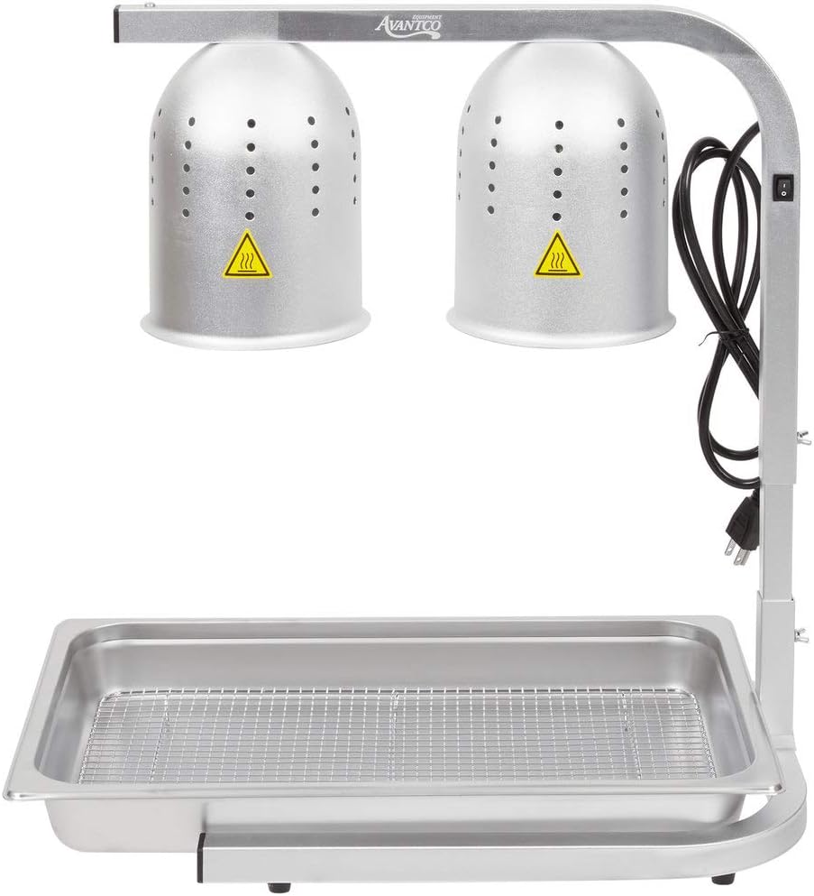 Avantco W62 Silver 2 Bulb Free Standing Heat Lamp/Food Warmer compatible Red Bulbs, Pan, and Grate - 120V, 500W