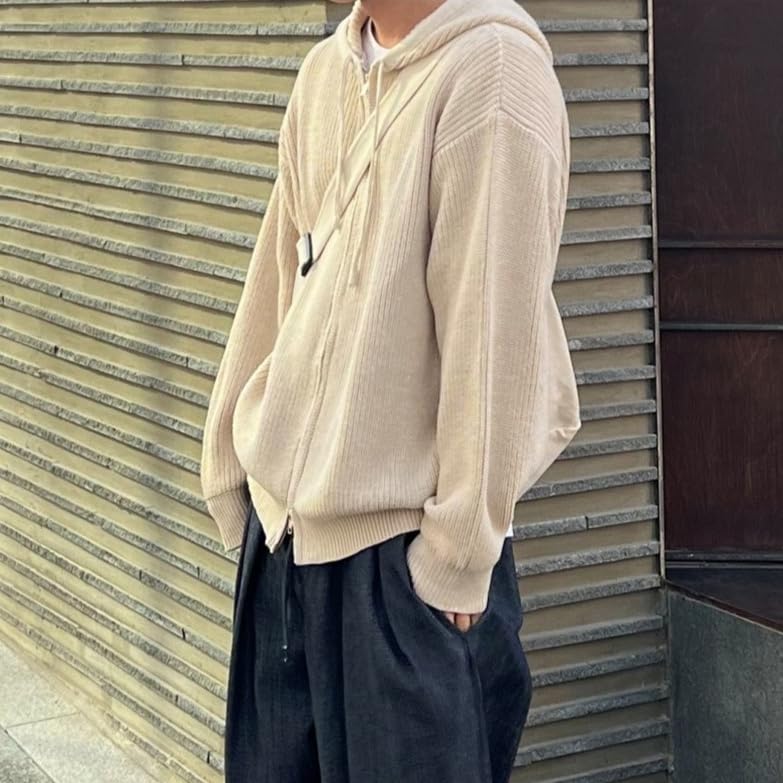 Men's Full Zipper Cardigan Sweater Solid Color Knitted Sweaters Loose Fit Casual Sweater Cardigan with Hood3