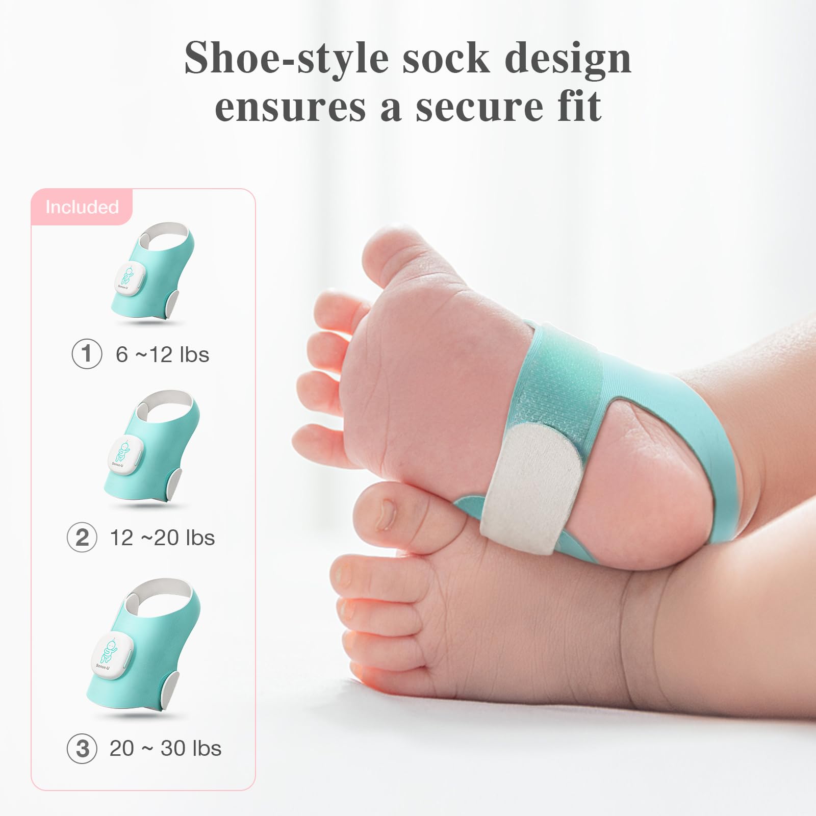 Sense-U Baby Smart Sock Surveillance de bébé avec suivi des modes de sommeil, fréquence cardiaque, mouvement pour la tranquillité d'esprit, moniteur de pieds pour bébé pour un meilleur sommeil, 0-12