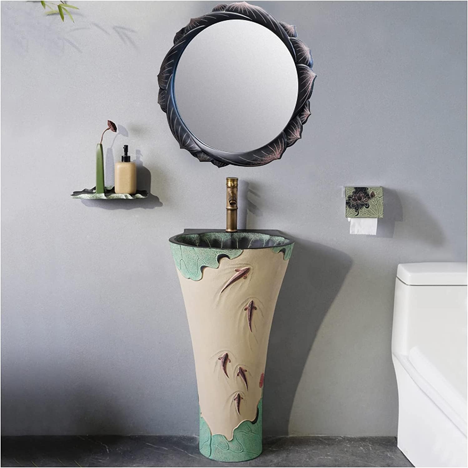 Freestanding Pedestal Sink Hotel Art Basin, Bathroom Lotus - Resin + Stone Powder Material Hand Carved wash Basin for Indoor and Outdoor (Size : with Mirror(B Style)) (Without m