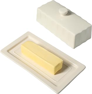 Martha Stewart Broadbrook Stoneware Butter Dish with Lid - Linen White Fluted Ceramic Keeper, Dishwasher Safe 8.1x4.4x3 Inches
