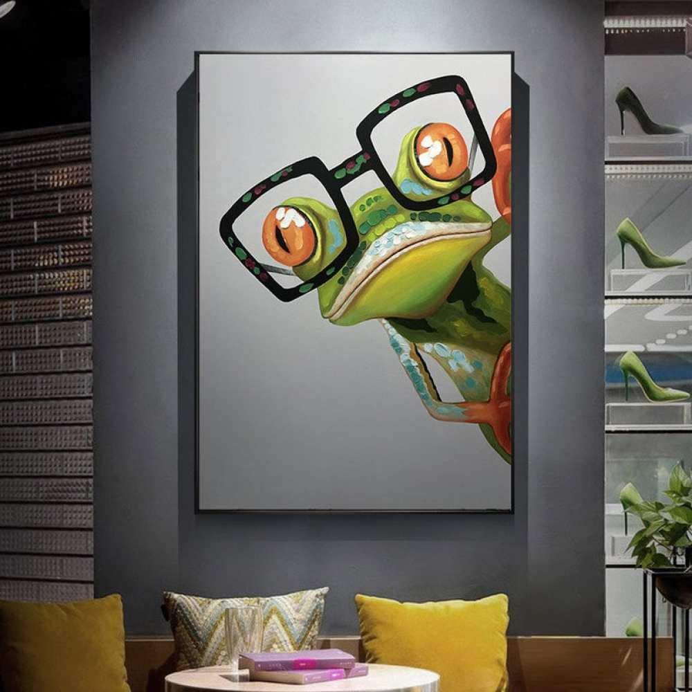 Mano Pintura Óleo Pintada Cuadros,Arte Animal Abstracto Pintura Acrílica 100% Pintada A Mano Gafas Verdes Rana Obra De Arte Moderna Arte De Pared Extra Grande Sin Marco Pinturas Frías Decoración