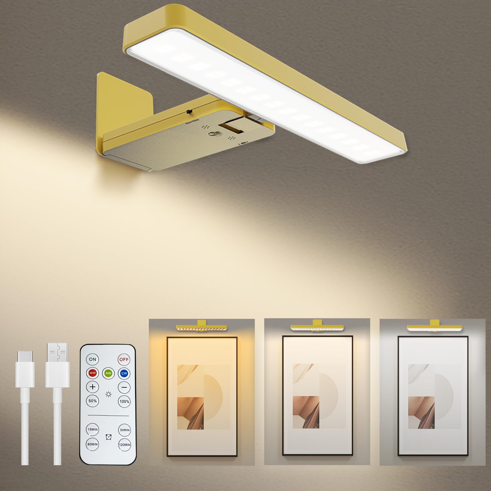 Battery Operated Picture Light, Wireless Painting Light with 3 Lighting Modes,Remote and Dimmable Timer Art Display Light for Picture Artworking Frame Portrait, Wall Decor Puck Lights